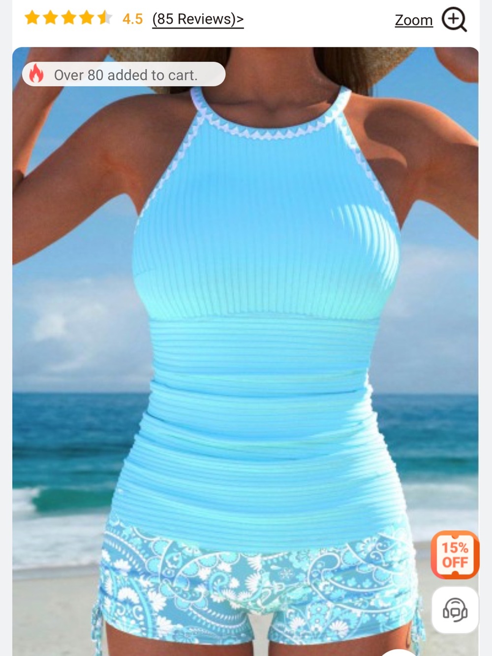 Light Blue High-Neck Women’s Swim Bikini Tank with Printed Shorts